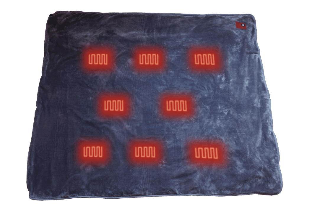 draadlozecwarmtedeken met 8 infaroodwarmte-elementen die verspreid zijn over de deken