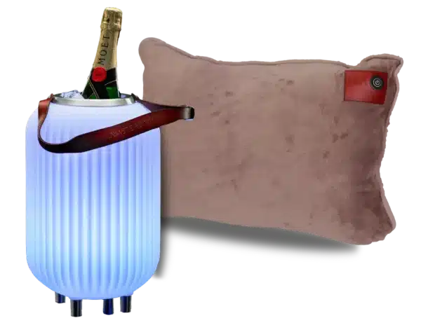 voordeelpakket van een multicolor wijnkoeler met speaker en taupe infraroodkussen voordeelpakket van een multicolor wijnkoeler met speaker en taupe infraroodkussen