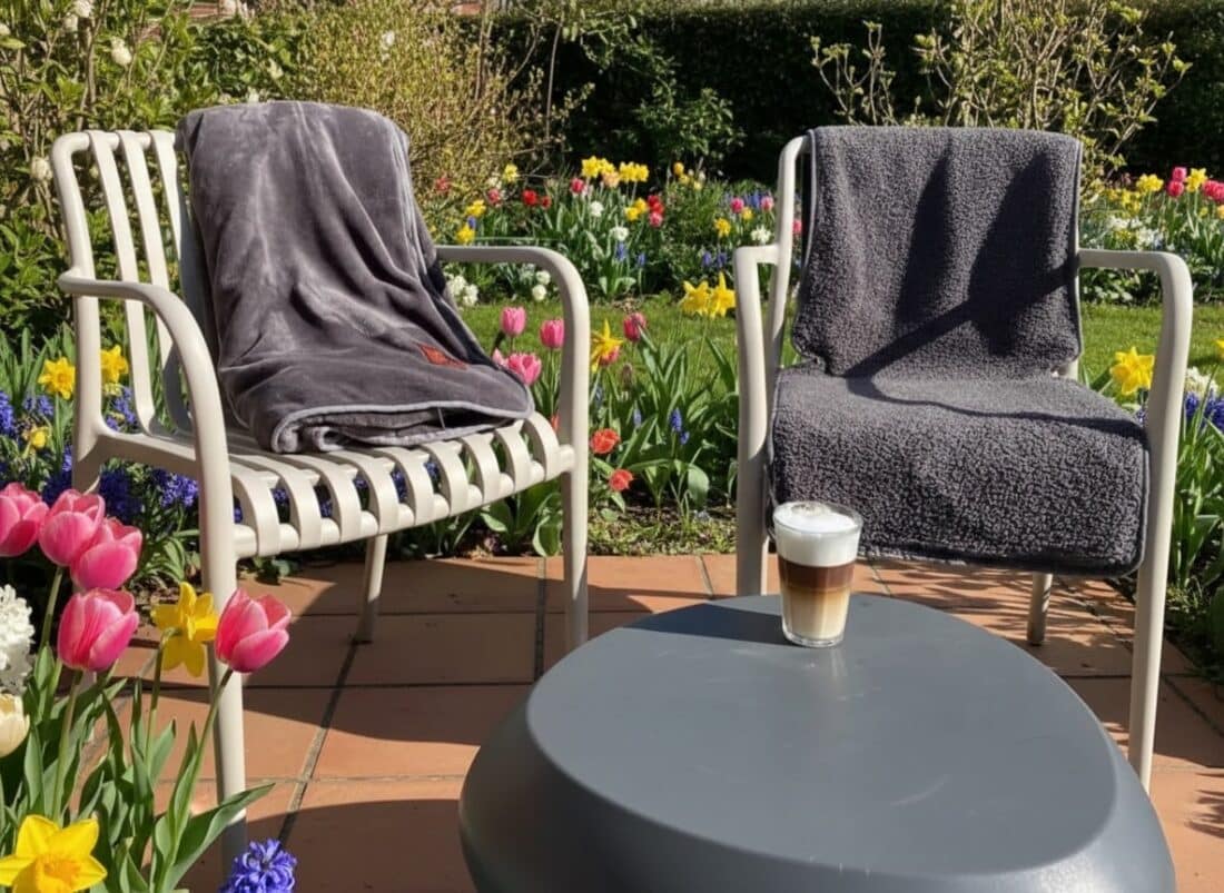 een stoelverwarmer en warmtedeken met infrarood in een tuin in het voorjaar