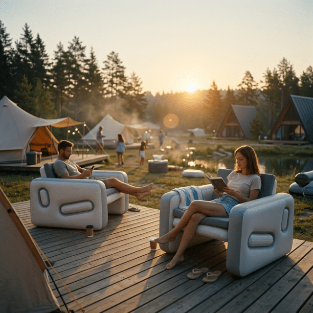 un ensemble de chaises longues gonflables de luxe dans un camping