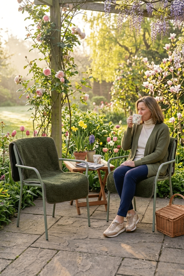 chauffage de chaises dans le jardin pendant les pauses café du matin