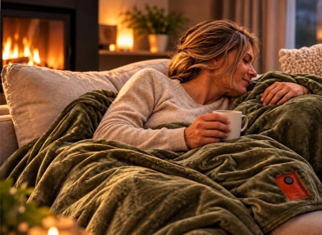 Eine Frau sinkt auf dem Sofa unter einer grünen Infrarotdecke zusammen